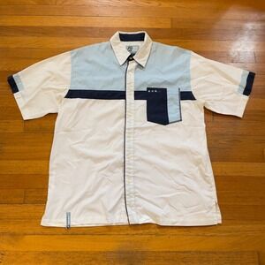 VTG 00s Raw Blue Urban Design System Mens Short Sleeve Button Up Shirt XL White